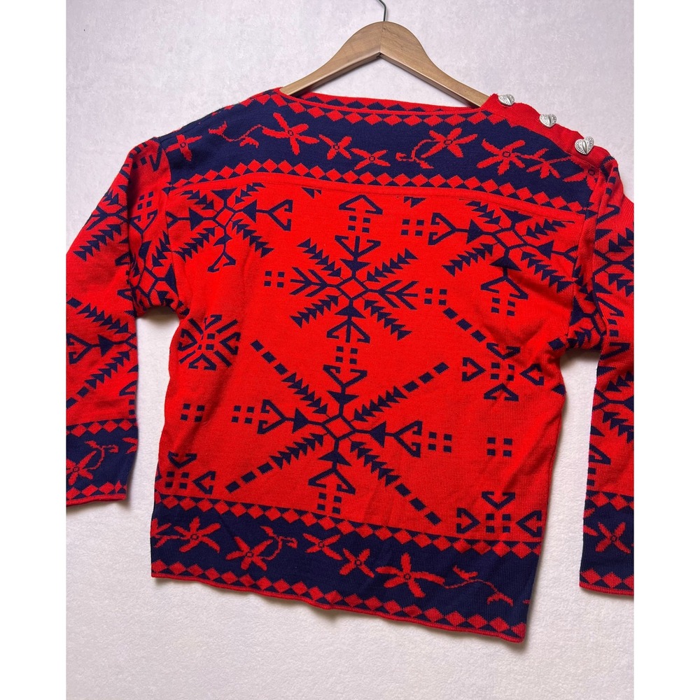 Obermeyer Small Sweater Ski Fair Isle Red Navy Heart Button Wool Blend Cottage
